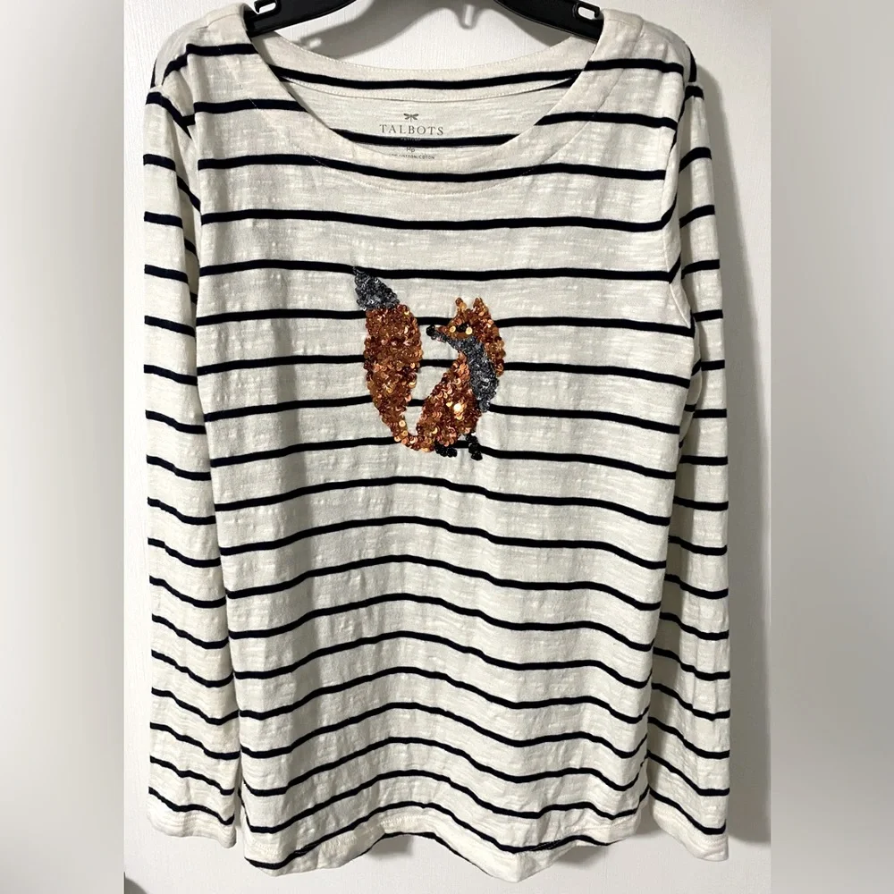 Talbots Women’s Striped Sequined Fox Top - Picture 2 of 5